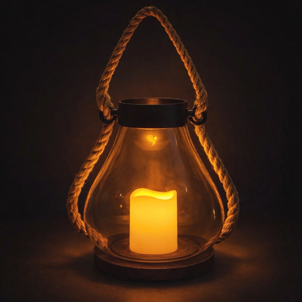 Vintage Style Glass Pedestal Lantern Rope Handle & LED Candle Indoor Outdoor - Picture 5 of 9